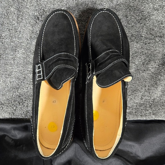 Girotti Black Suede Penny Loafers White Contrast Stitching Wedge Sole Mens EU 43